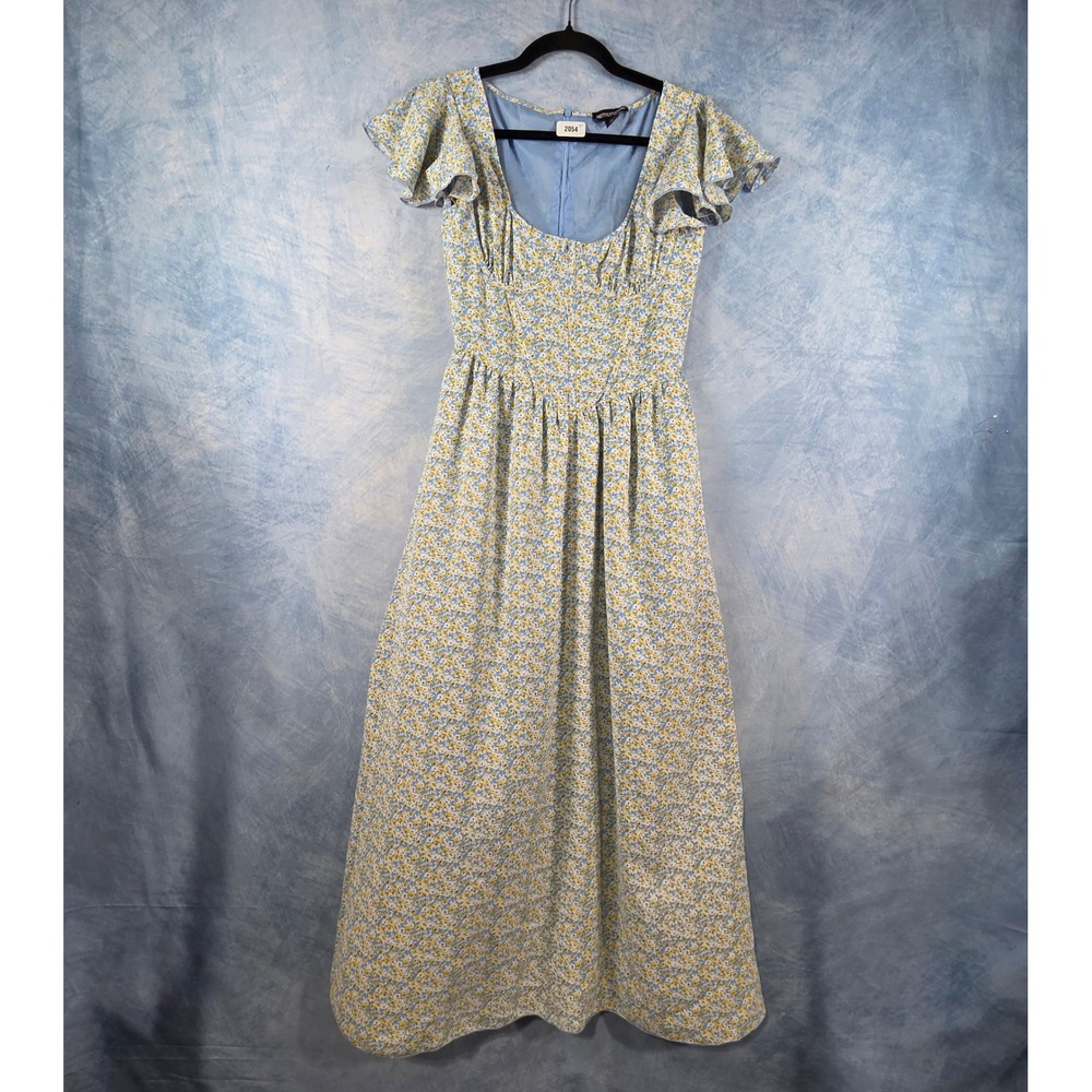 PrettyLittleThing Blue Yellow‎ Floral Maxi Dress Flutter Sleeve Cottagecore US 4